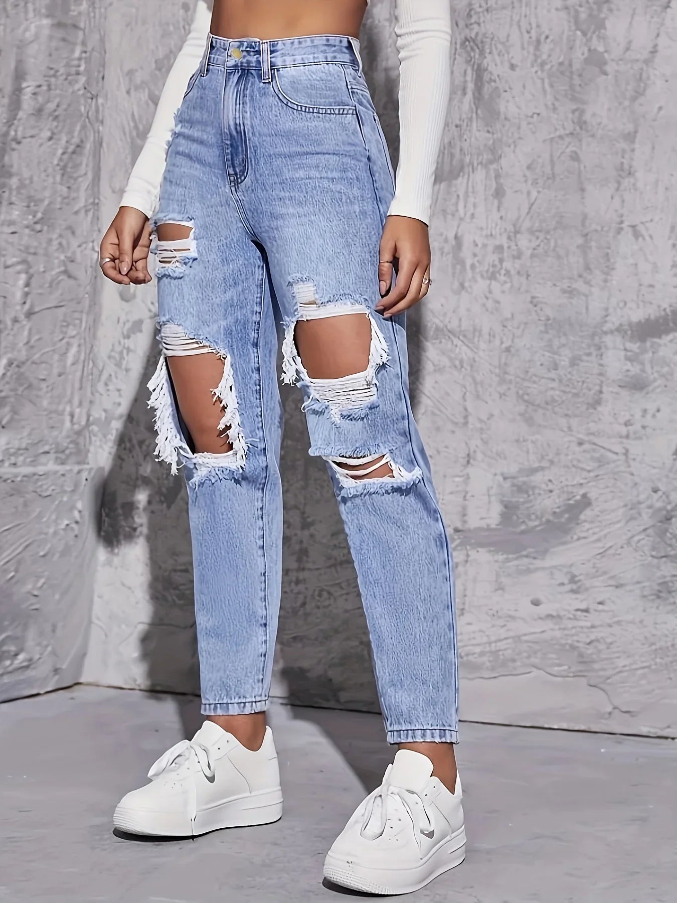 CPSYMYM Amerikanische Retro-Jeans mit Locher für Damen, hohe Taille, gerader Schritt, lockeres, schlankes Design, High-Street-Vibe, weitbeiniger Draggi